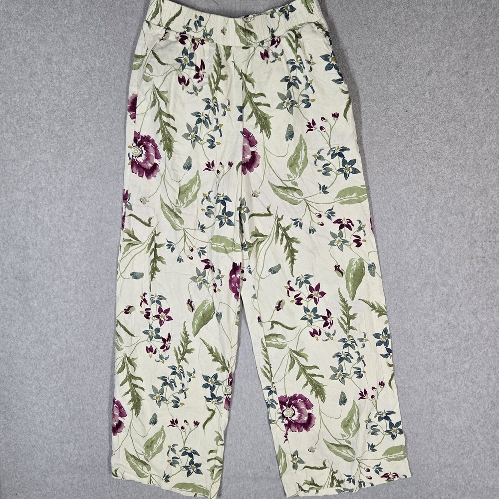Express Women Pants S Cream Cotton Linen Wide Leg Floral High Waist Pull On